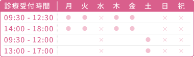 【平日】9:30-12:30 / 14:00-18:30、【土曜日】9:30-12:00 / 13:00-17:00、【定休日】水、日、祝日